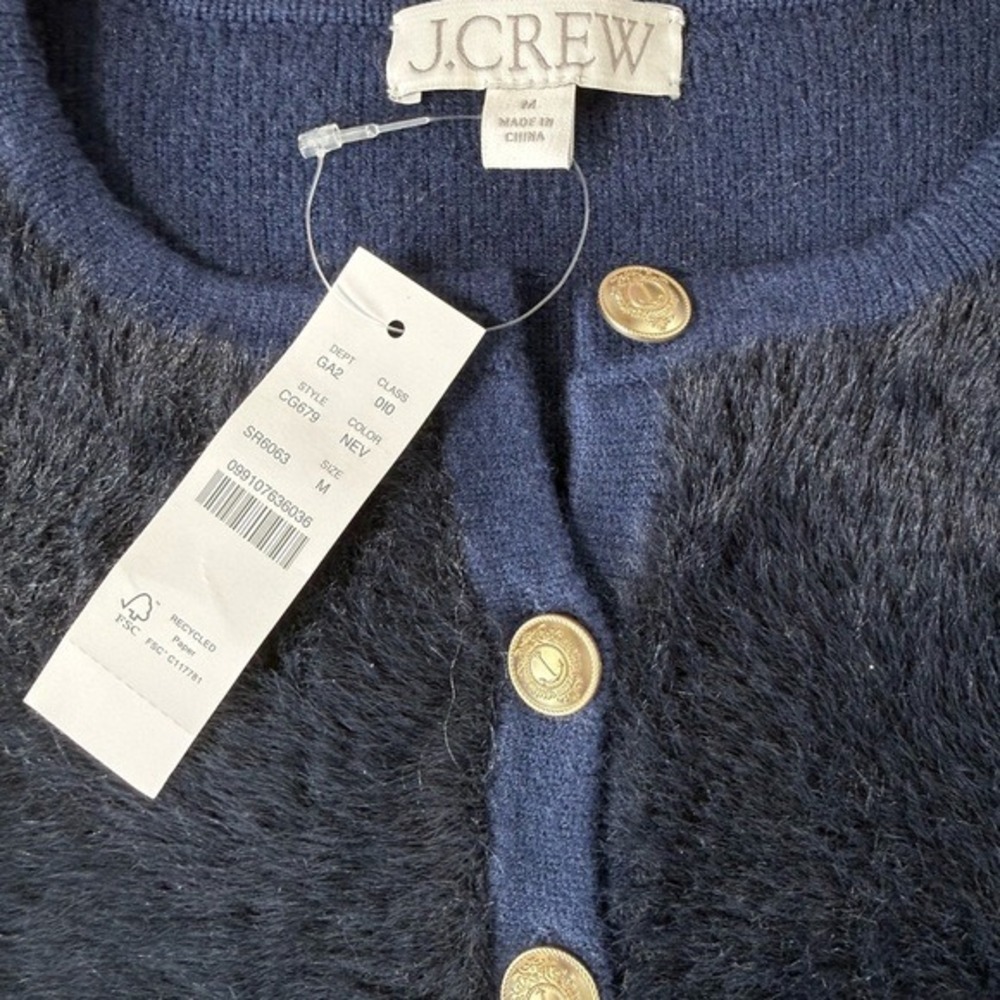 J.Crew Navy Blue Fuzzy Cropped Cardigan Lady Jacket Gold Crest Buttons NWT - Picture 4 of 11